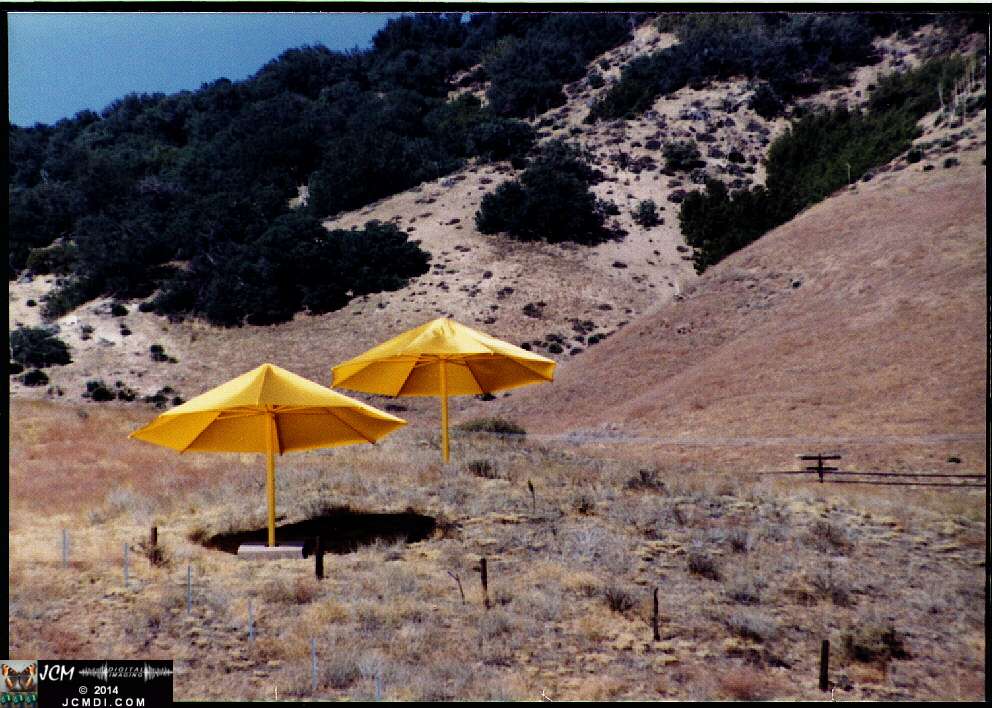 1760 Giant Yellow Umbrella Art Exhibit in Gorman California by Christo Javacheff of Bulgaria, October 1991. JCMDI.COM